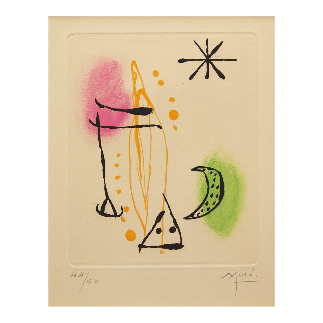 Joan Miró (Spanish, 1893-1983) Suite La Bague d'aurore: one plate, 1957: Joan Miró (Spanish, 1893-1983) Suite La Bague d'aurore: one plate, 1957 etching and aquatint in colors signed and numbered 44/60 in pencil 5 1/2 x 4 1/2 in. This lot is located in Philadelphia. P
