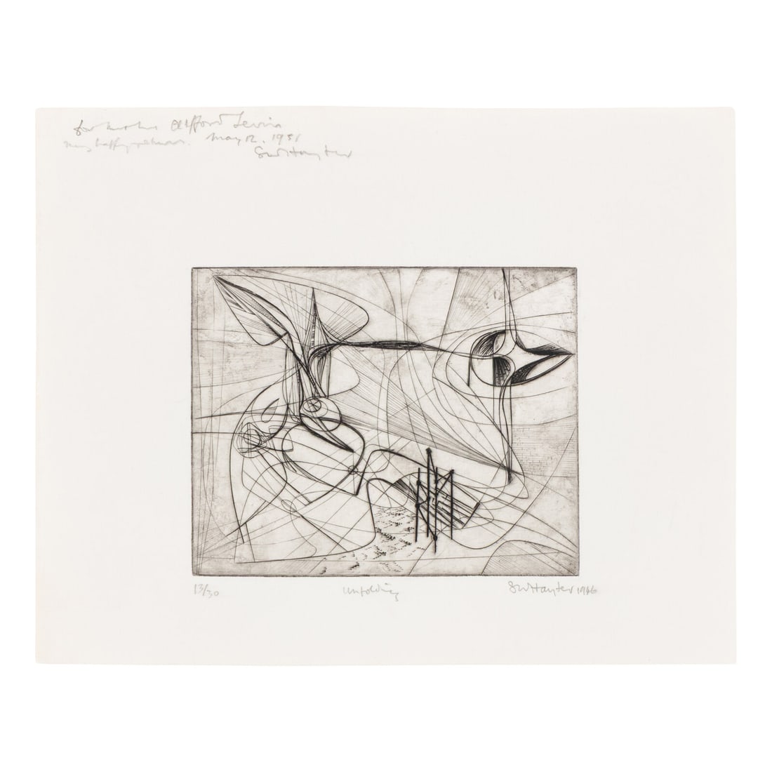 Stanley William Hayter (British, 1901-1988) Unfolding, 1946: Stanley William Hayter (British, 1901-1988) Unfolding, 1946 engraving signed, titled, dated, dedicated, and numbered 13/30 in pencil 5 1/2 x 6 7/8 in. Property of a Private Collector, sold to Benefit 
