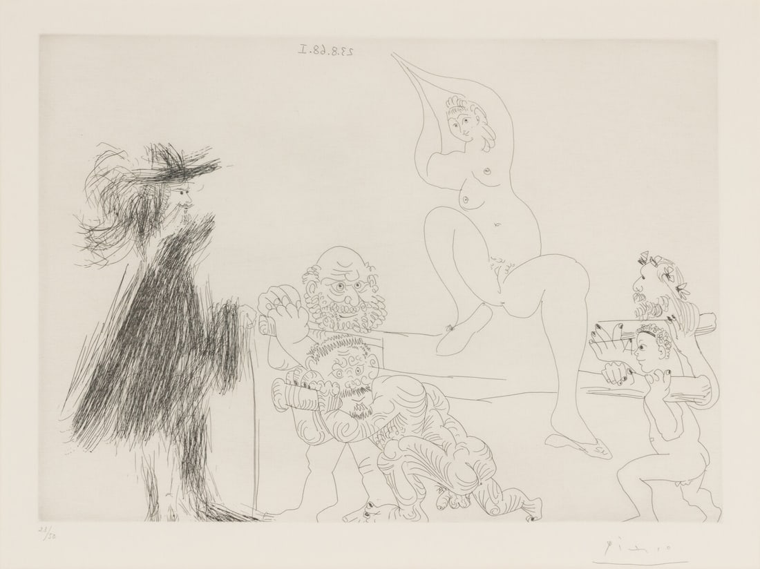 Pablo Picasso (Spanish, 1881-1973) Quatre portefaix apportant a un gentilhomme une jeune femme sur (1 of 3)