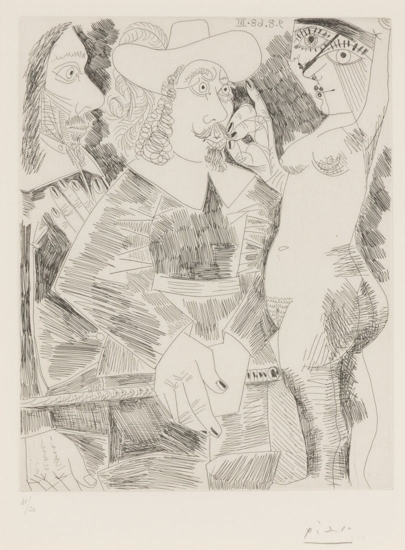 Pablo Picasso (Spanish, 1881-1973) Jeune femme tirant la moustache d'un gentilhomme en train de (1 of 3)