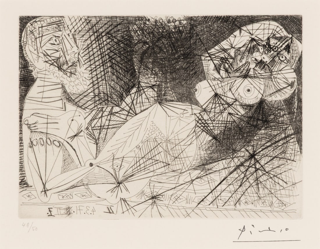 Pablo Picasso (Spanish, 1881–1973) Scène de ménage (from 156 Series), 1971: Pablo Picasso (Spanish, 1881–1973) Scène de ménage (from 156 Series), 1971 etching and drypoint stamped and numbered 48/50 in pencil 5 3/4 x 8 in. Property from the Collection of Mike 