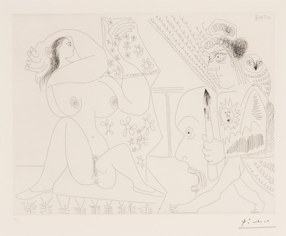 Pablo Picasso (Spanish, 1881–1973) Peintre et modèle (from 156 Series), 1970: Pablo Picasso (Spanish, 1881–1973) Peintre et modèle (from 156 Series), 1970 etching stamped and numbered 40/50 in pencil 10 5/8 x 13 5/8 in. Property from the Collection of Mike & Kare