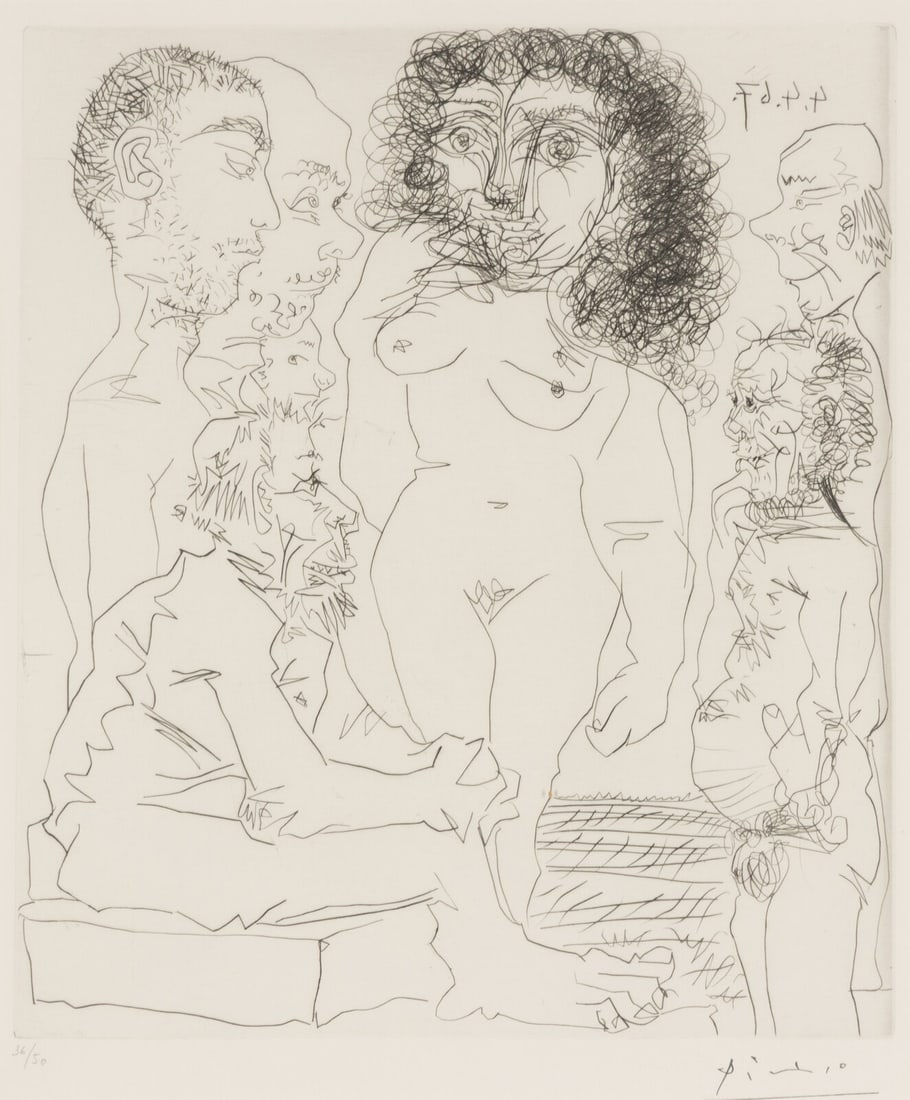Pablo Picasso (Spanish, 1881–1973) Réflexion du vieux peintre sur la femme (from 60: Pablo Picasso (Spanish, 1881–1973) Réflexion du vieux peintre sur la femme (from 60 Series), 1967 etching stamped and numbered 36/50 in pencil 13 1/2 x 11 1/2 in. Property from the Collecti