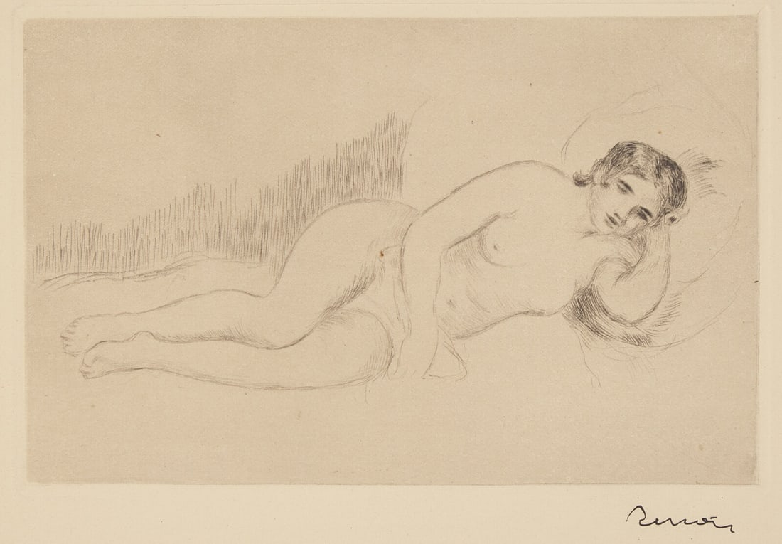 Pierre-Auguste Renoir (French, 1841-1919) Femme Nue Couchée, 1906: Pierre-Auguste Renoir (French, 1841-1919) Femme Nue Couchée, 1906 etching and drypoint stamped 4 3/4 x 7 1/2 in. This lot is located in Philadelphia. Literature: Delteil 13; Stella 13