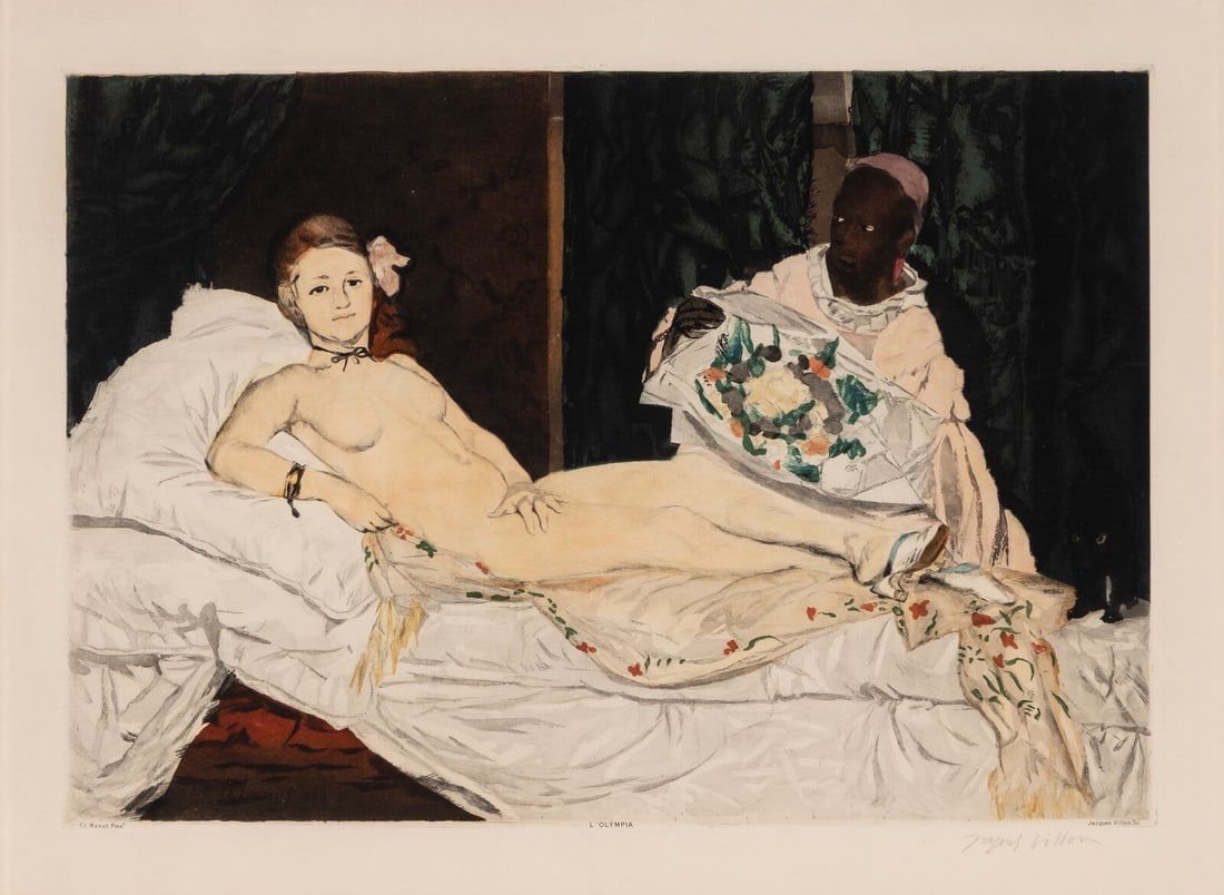 Jacques Villon after Édouard Manet (French, 1875-1963) Olympia, 1926: Jacques Villon after Édouard Manet (French, 1875-1963) Olympia, 1926 etching and aquatint in colors signed in pencil 15 3/4 x 22 1/2 in. This lot is located in Chicago. Provenance: Galerie Michae