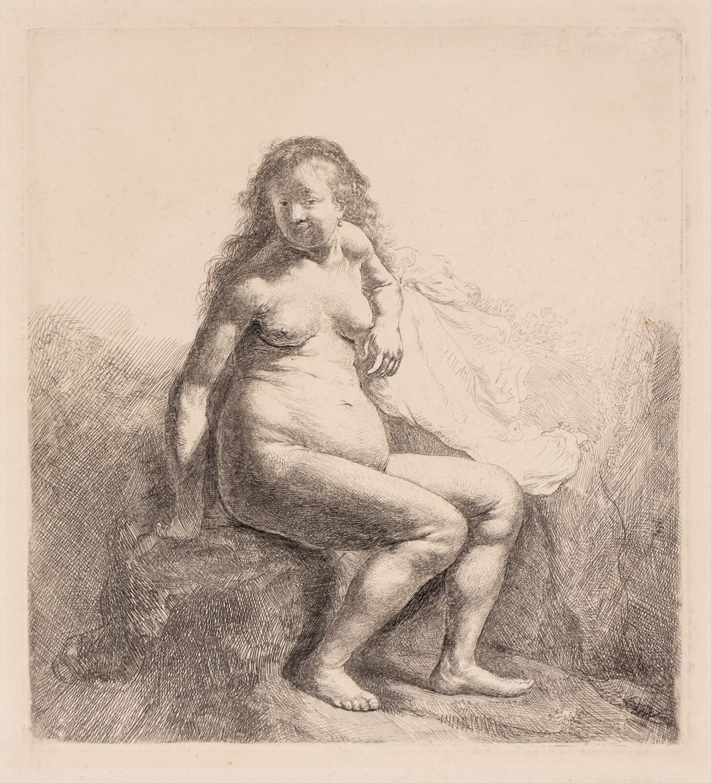 Rembrandt van Rijn (Dutch, 1606–1669) Naked Woman Seated on a Mound, 1631: Rembrandt van Rijn (Dutch, 1606–1669) Naked Woman Seated on a Mound, 1631 etching and engraving; a later impression, presumably 18th century 7 1/8 x 6 1/2 in. This lot is located in Chicago. Pro