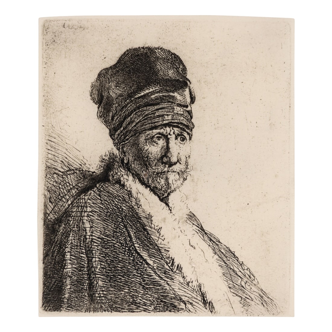 Rembrandt van Rijn (Dutch, 1606–1669) Bust of a Man Wearing a High Cap, Three-Quarters Right,: Rembrandt van Rijn (Dutch, 1606–1669) Bust of a Man Wearing a High Cap, Three-Quarters Right, 1630 etching; a later impression, presumably 19th century 4 1/16 x 3 3/8 inches. This lot is located