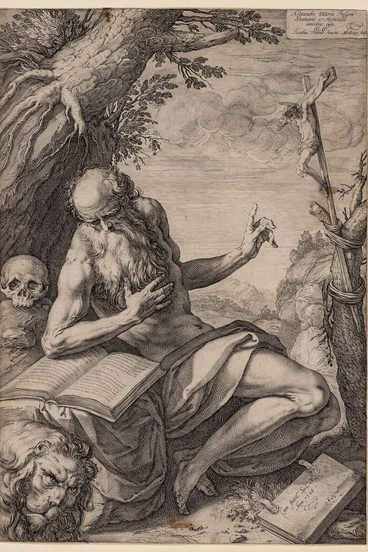 Hendrick Goltzius (Dutch, 1558–1617) St. Jerome, 1596: Hendrick Goltzius (Dutch, 1558–1617) St. Jerome, 1596 engraving sheet: 16 1/16 x 11 in. This lot is located in Chicago. Provenance: Galerie Michael, Beverly Hills, California Literature: Bartsch