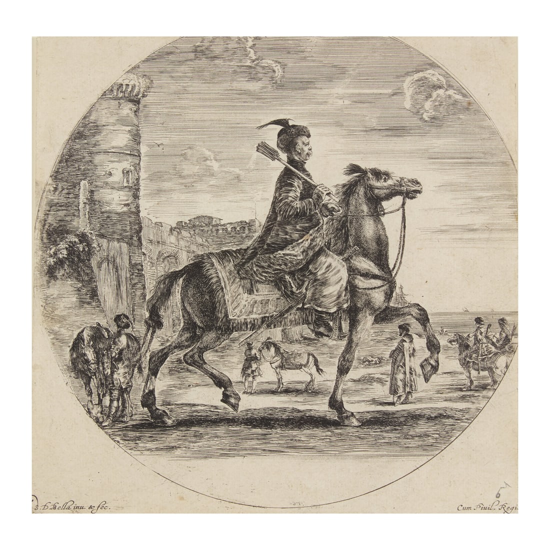 Stefano della Bella (Italian, 1610-1664) Polish horseman in profile facing right, a tower and other (1 of 3)