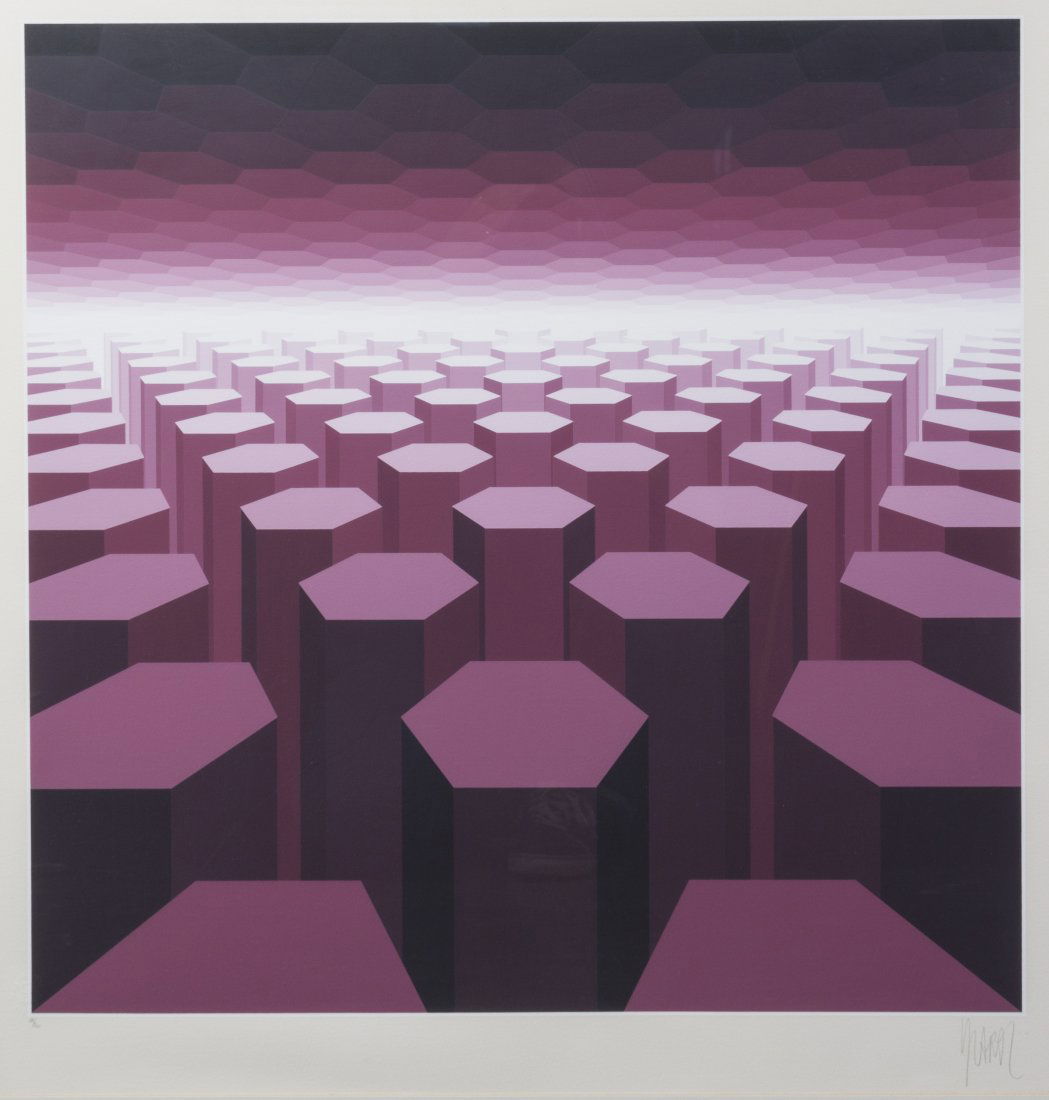 Yvaral (Jean-Pierre Vasarely), (French, 1934-2002),: Yvaral (Jean-Pierre Vasarely) (French, 1934-2002) Purple Horizon color serigraph edition 189/200, signed Yvaral (lower right) 24 1/4 x 24 1/4 inches. Property from the Collection of B