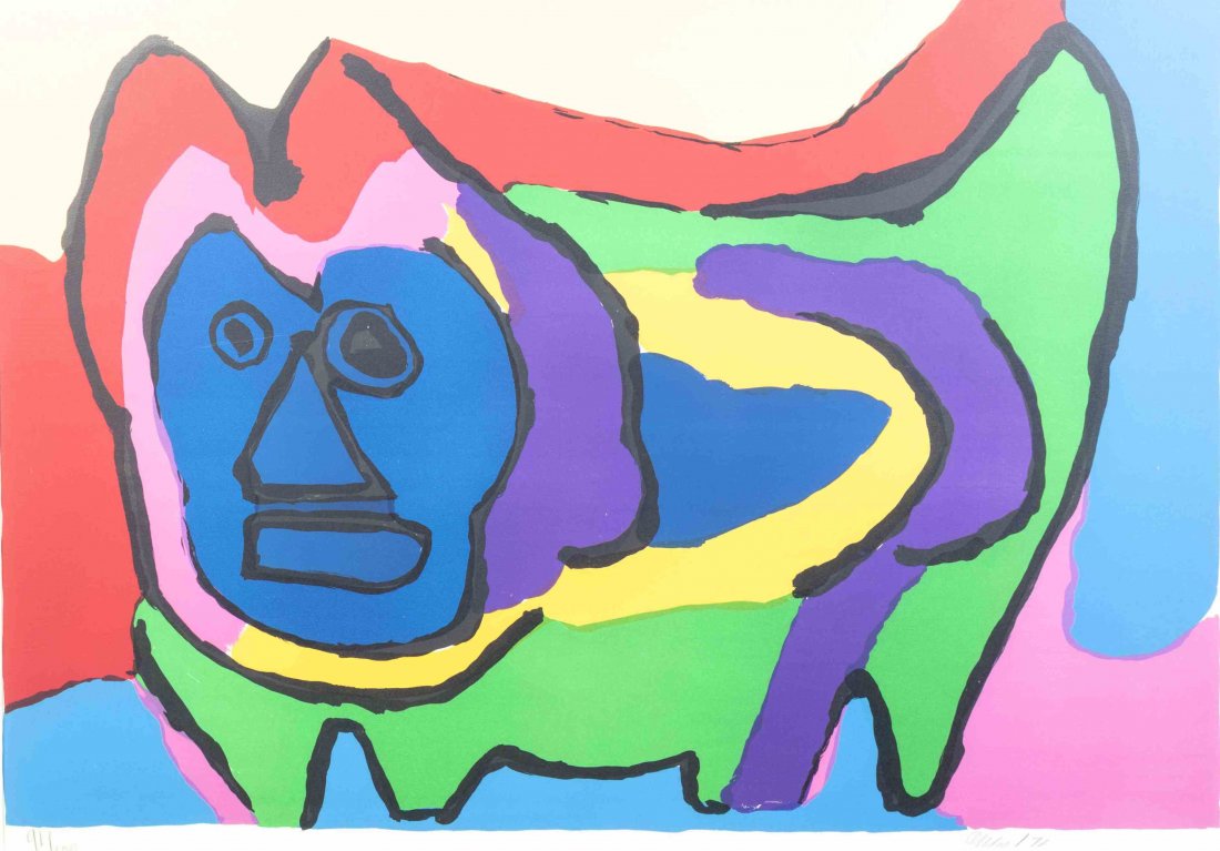 Karel Appel , (German, 1866-1937), Blue Faced Beast,: Karel Appel (German, 1866-1937) Blue Faced Beast, 1971 lithograph edition 91/100, signed Appel and dated (lower right) 22 3/4 x 33 1/4 inches.
