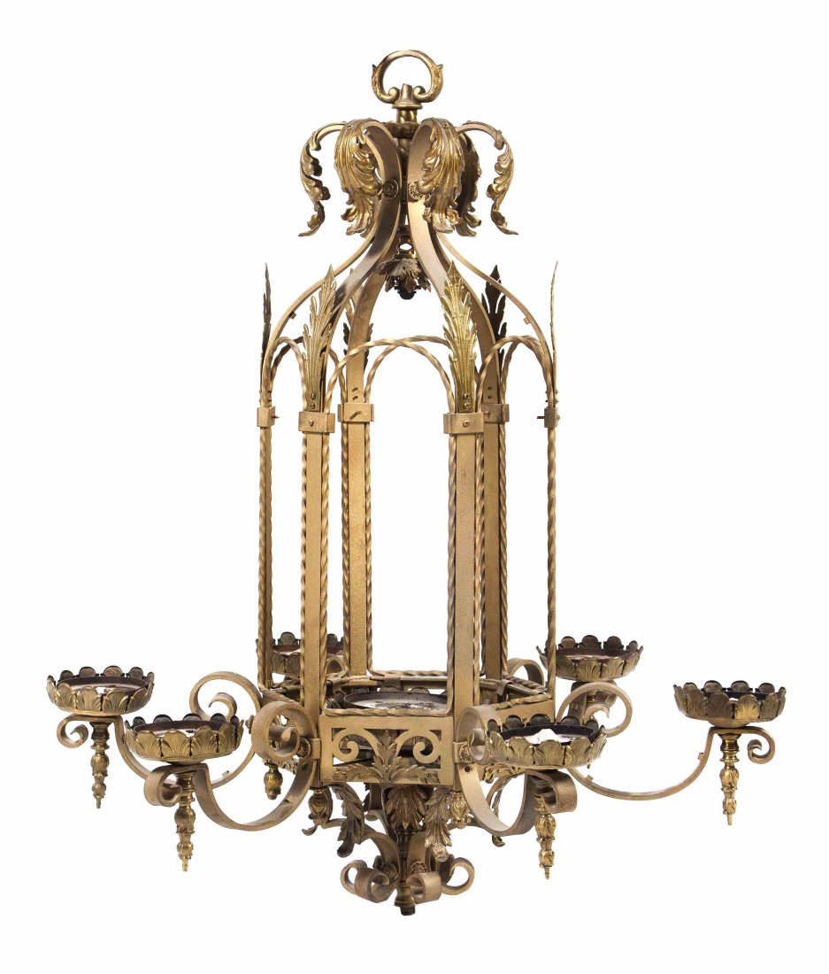 An American Brass Seven-Light Chandelier, Height 39 x: An American Brass Seven-Light Chandelier, having a central cage enclosing one lighting element within six other lighting elements, supported by scrolled arms. Height 39 x diameter 35 inches. Property 