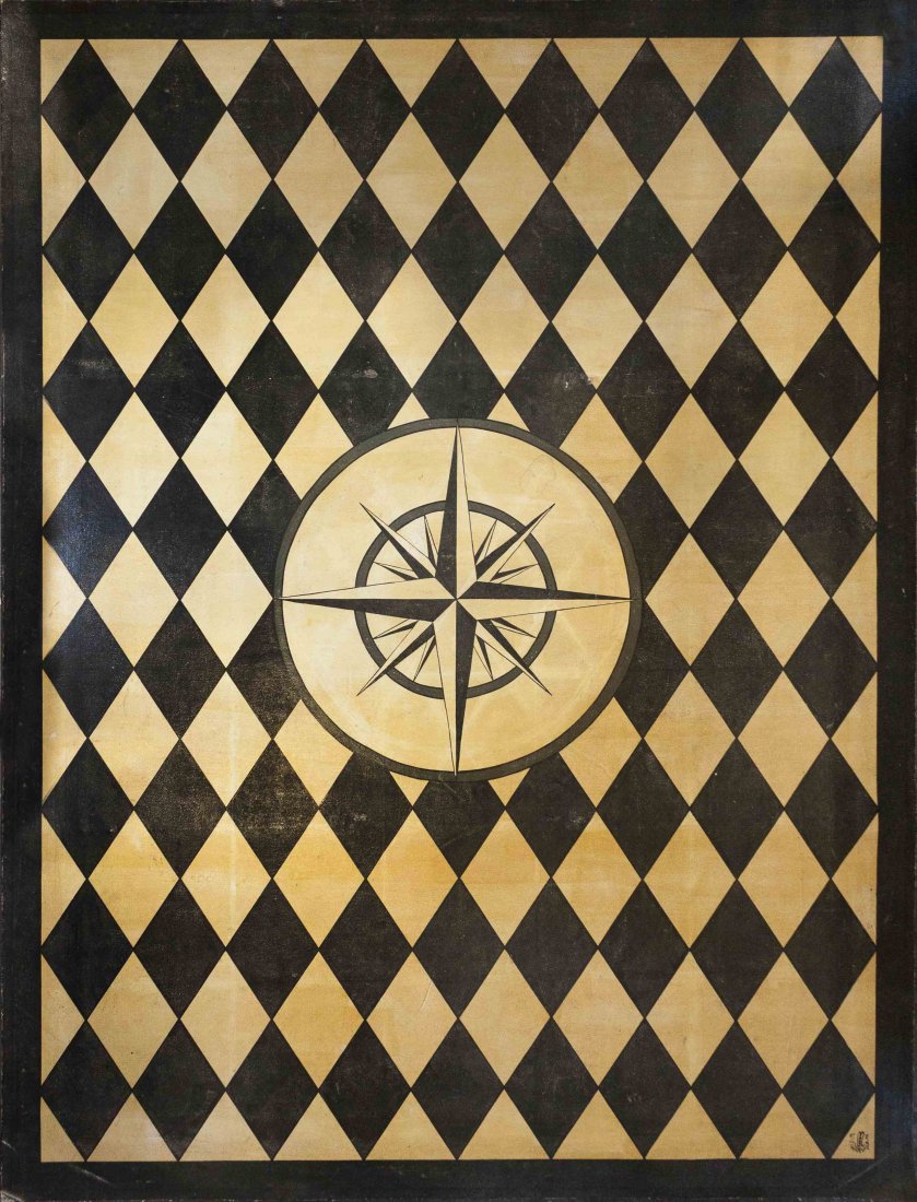 A Floor Covering, 7 feet 10 1/2 inches x 5 feet 11 1/2: A Floor Covering, having black and white diamond patterning surrounding a compass rose center medallion. 7 feet 10 1/2 inches x 5 feet 11 1/2 inches. Property from the Estate of Bettie Blunt, Oak Cree