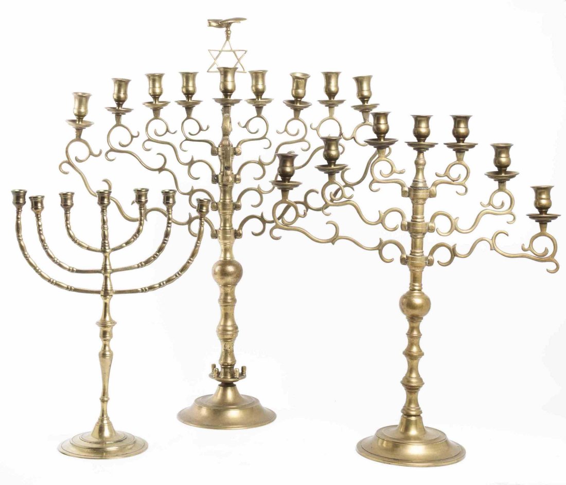 Three Brass Menorahs, Height of tallest 26 inches.: Three Brass Menorahs, of graduating size. Height of tallest 26 inches. Property from the Stratman Estate, Dodgeville, Wisconsin