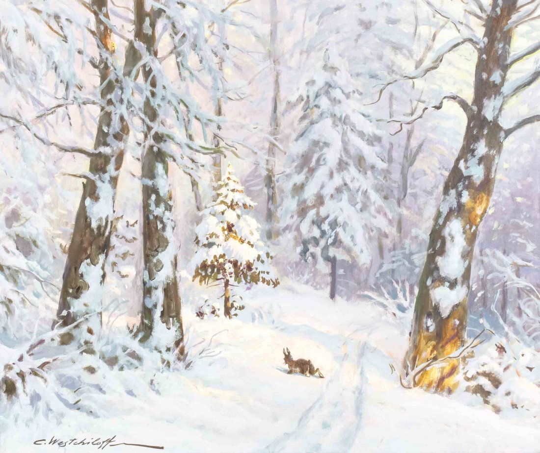 Constantin Aleksandrovich Westchiloff, (Russian,: Constantin Aleksandrovich Westchiloff (Russian, 1877-1945) Winter Rabbit oil on canvas signed C. Westchiloff (lower left) 21 x 25 inches. Property from the Estate of Mary Griggs Burke