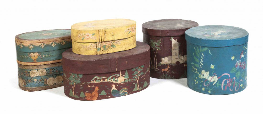A Collection of Six Hatboxes, Height of largest 11 x: A Collection of Six Hatboxes, four decorated with flowers and two decorated with exterior scenes. Height of largest 11 x width 25 3/4 x depth 16 1/2 inches. Property from the Estate of Mary Griggs Bur