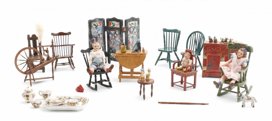 A Collection of Doll Furniture, Height of first 7: A Collection of Doll Furniture, a corner cabinet, two beds, a musical piano with bench, a dresser with dressing mirror, seven chairs, a Chinese style chest, Chinese screen, spinning wheel, flip-top ta