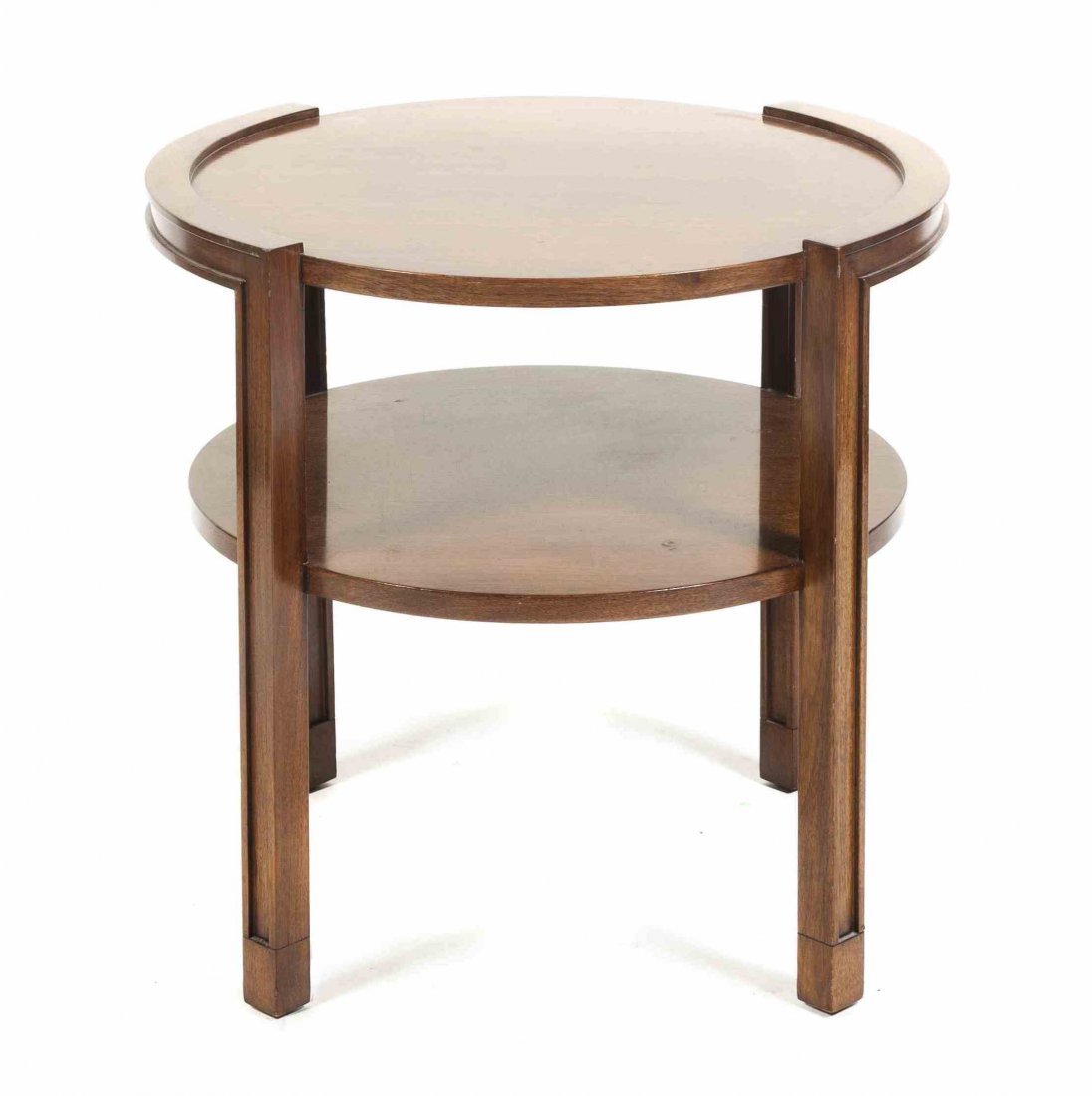 A Side Table, Ed Wormley for Dunbar, Height 22 x: A Side Table, Ed Wormley for Dunbar, having a circular top over the medial shelf raised on square legs. Height 22 x diameter 23 1/4 inches. Property from the Collection of Richard K. Forrest, Milwauke