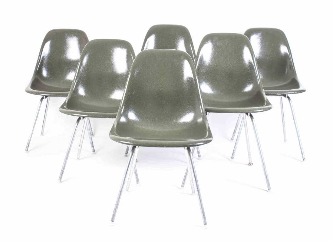 Six Charles and Ray Eames Chairs, Height of tallest 29: Six Charles and Ray Eames Chairs, in shades of green and raised on tubular legs. Height of tallest 29 inches. Property from the Collection of the Milwaukee Public Library, Milwaukee Wisconsin