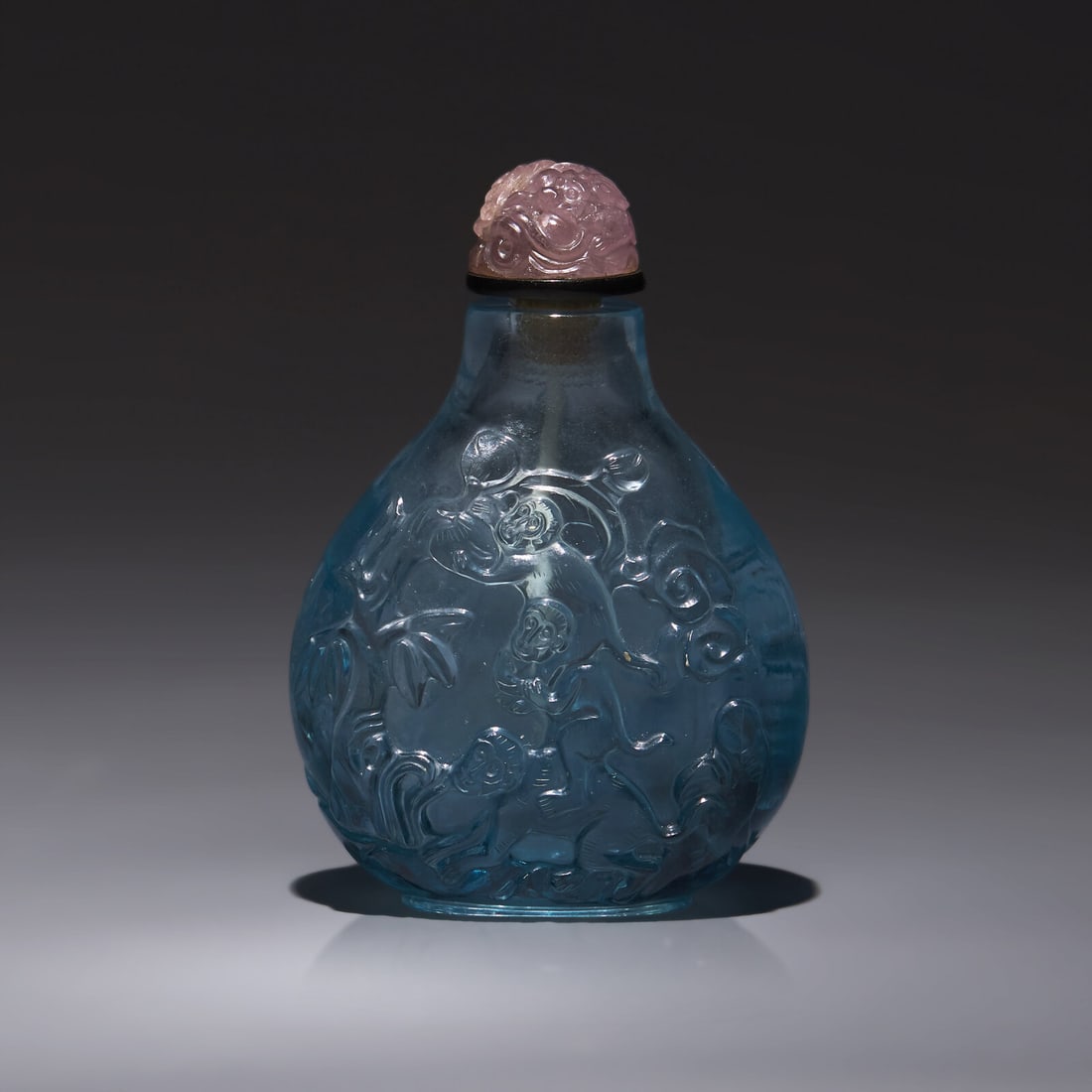A Chinese Carved Aquamarine Snuff Bottle, Late 19th/20th Century: A Chinese Carved Aquamarine Snuff Bottle, Late 19th/20th Century 晚清民國 海藍寶雕靈猴松鶴圖鼻煙壺 Late 
