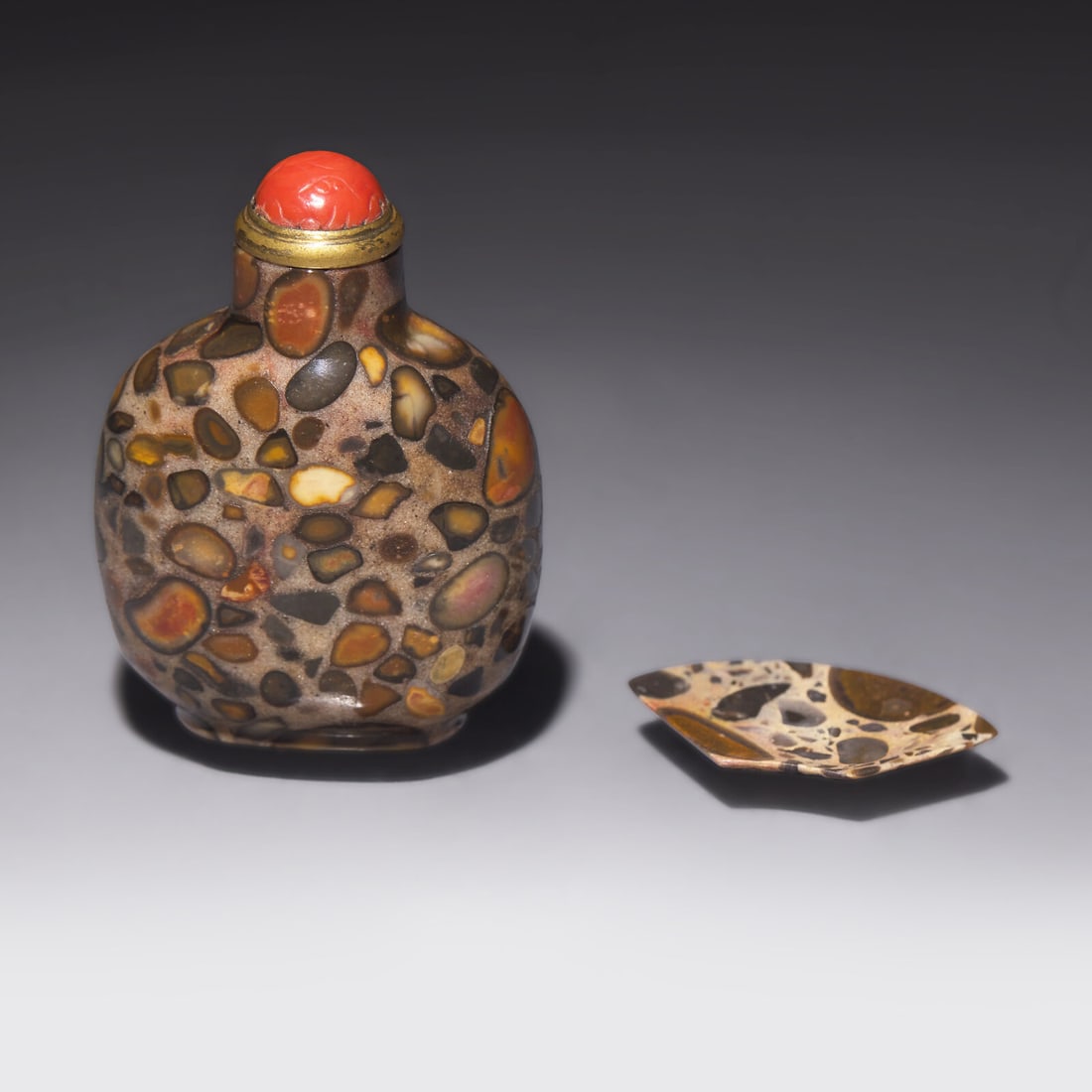 A Chinese Puddingstone Snuff Bottle with Snuff Dish (1 of 3)