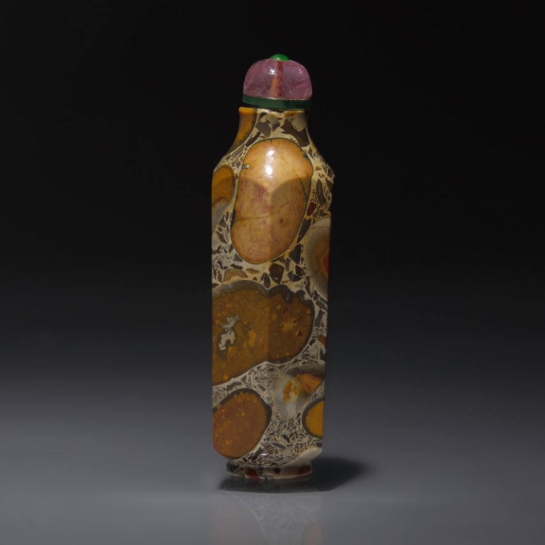An Unusual Chinese Hexagonal Puddingstone Snuff Bottle, Qing Dynasty, Circa 1750-1860: An Unusual Chinese Hexagonal Puddingstone Snuff Bottle, Qing Dynasty, Circa 1750-1860 1750–1860年 抱子石磨棱六方鼻煙壺 Circa 175