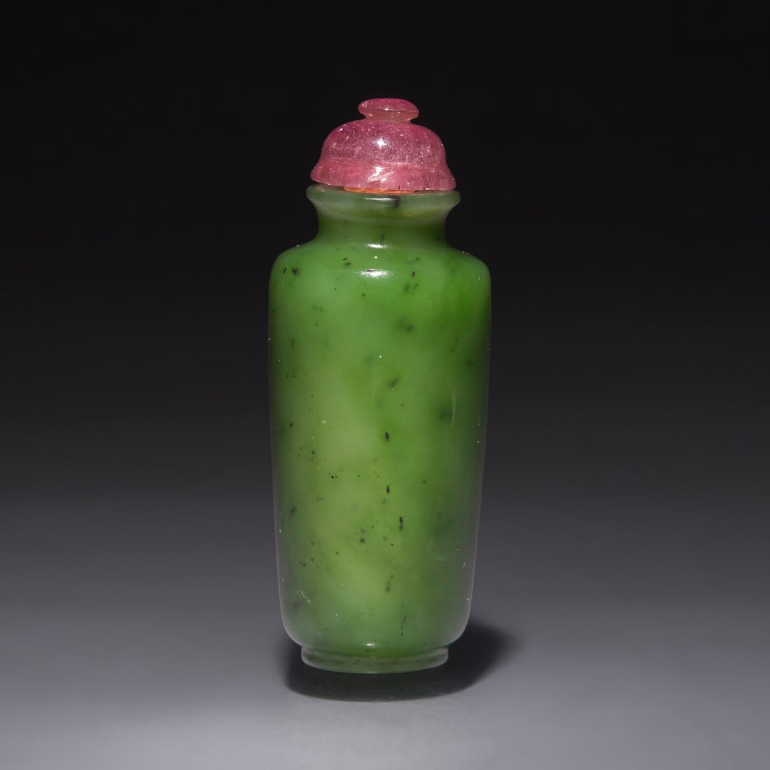 A Chinese Spinach Jade Snuff Bottle, Qing Dynasty: A Chinese Spinach Jade Snuff Bottle, Qing Dynasty 清 碧玉素面鼻煙壺 Qing Dynasty Of tapered cylindrical form, with a waisted neck, flared mouth and slig