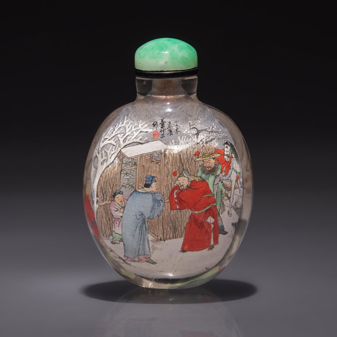 A Chinese Interior-Painted Rock Crystal "Three Kingdoms" Snuff Bottle, Ye Zhongsan, 1907: A Chinese Interior-Painted Rock Crystal "Three Kingdoms" Snuff Bottle, Ye Zhongsan, 1907 1907年 葉仲三作水晶內畫三顧茅廬&#