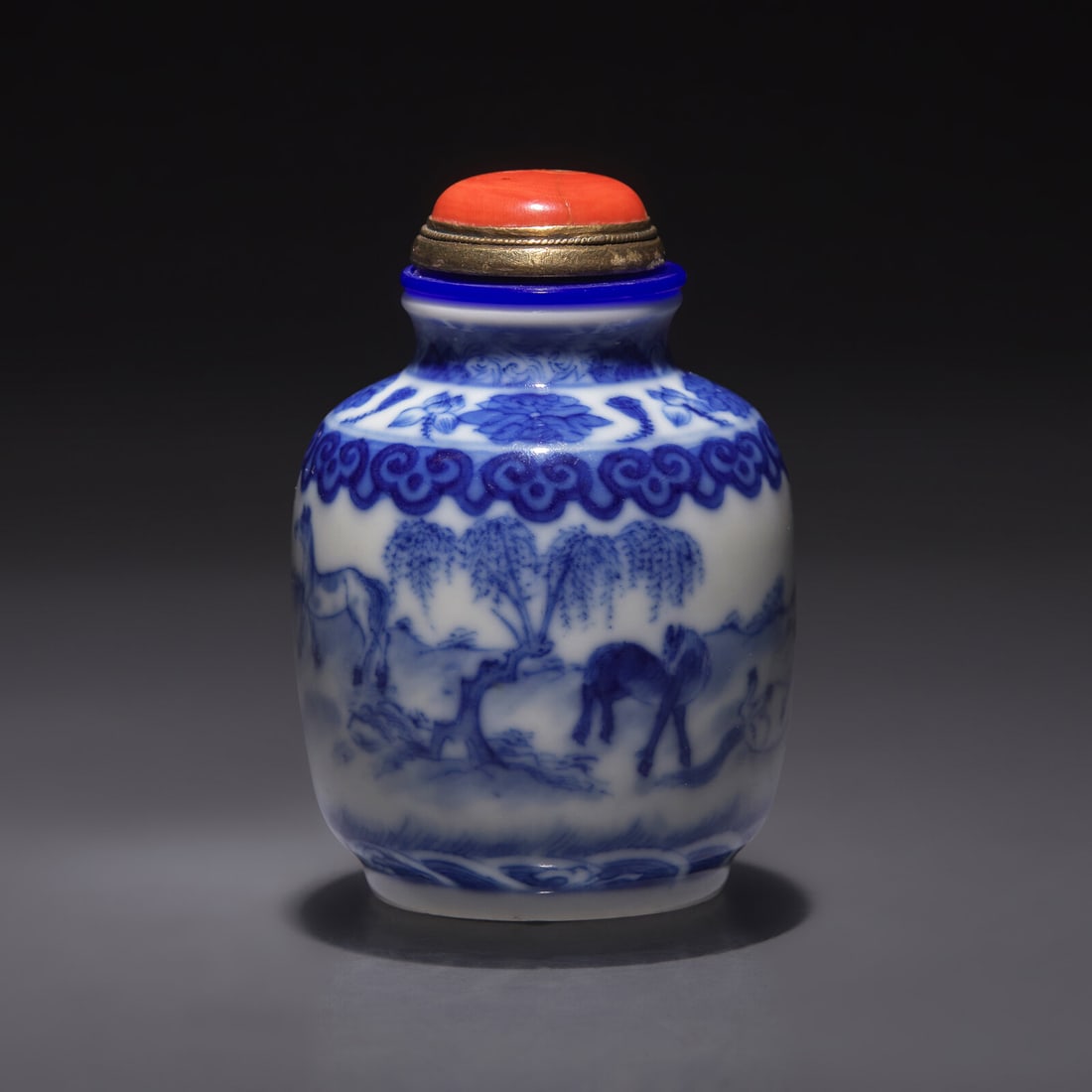 A Chinese Blue and White "Eight Horses of Mu Wang" Snuff Jarlet, Qing Dynasty, 19th/20th Century (1 of 3)