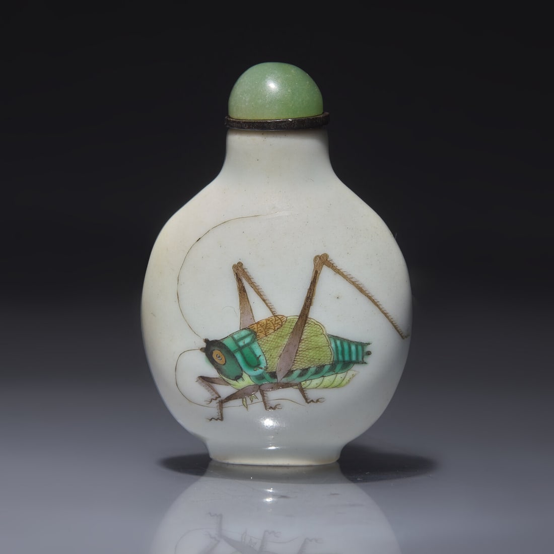 A Chinese Enameled Porcelain "Crickets" Snuff Bottle, Daoguang Mark and of the Period: A Chinese Enameled Porcelain "Crickets" Snuff Bottle, Daoguang Mark and of the Period 清道光 粉彩蟈蟈圖鼻煙壺 Daoguang mark and of the