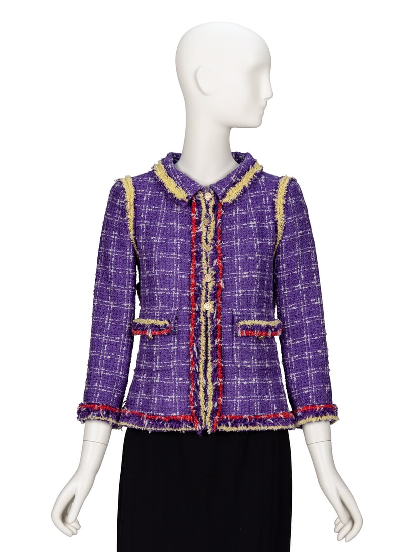Chanel, Purple Plaid Tweed Jacket: Chanel, Purple Plaid Tweed Jacket As seen in runway look #16 in the Spring/Summer 2006 ready-to-wear collection by Karl Lagerfeld for Chanel. Jacket in purple & white silk/cotton-blend plaid