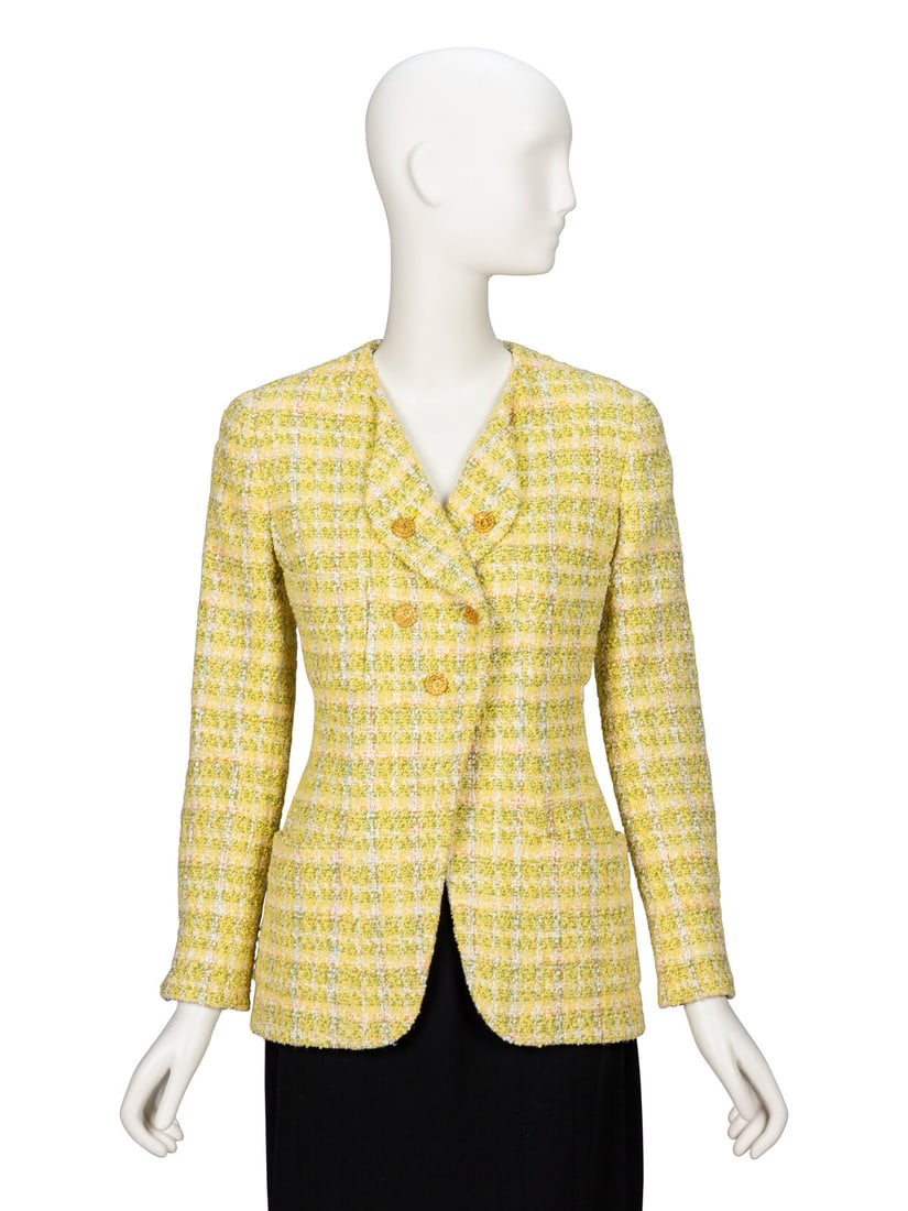 Chanel, Light Green Plaid Tweed Jacket: Chanel, Light Green Plaid Tweed Jacket As seen in runway look #46 of the Spring/Summer 1994 ready-to-wear collection by Karl Lagerfeld for Chanel. Softly tailored jacket in a light green/multicolor
