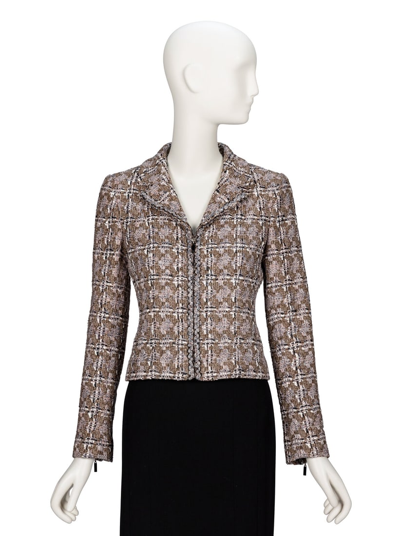 Chanel, Brown Checked Tweed Jacket: Chanel, Brown Checked Tweed Jacket Fitted jacket in brown & multicolor cotton/silk-blend checked tweed. Braided trim throughout. Notched lapels. Light padding at shoulders. Full-length set-in sleeves