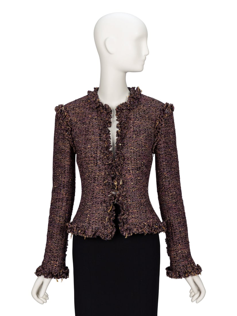 Chanel, Fitted Fantasy Tweed Jacket: Chanel, Fitted Fantasy Tweed Jacket As seen in runway look #28 of the Fall/Winter 2008 ready-to-wear collection by Karl Lagerfeld for Chanel. Fitted cardigan jacket in glittery purple/multicolor