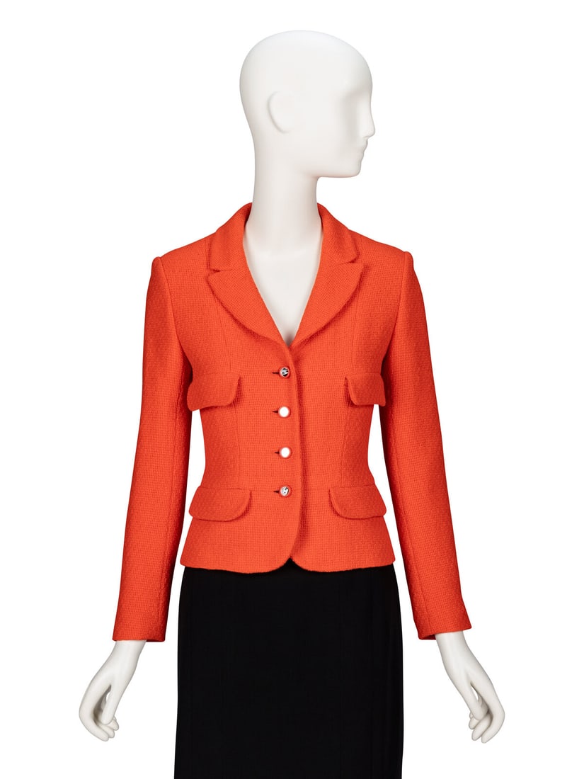 Chanel, Orange Tweed Jacket: Chanel, Orange Tweed Jacket Softly tailored jacket in red-orange wool bouclÈ tweed. Fitted bodice silhouette. Notched lapels. Light padding at shoulders. Full-length set-in sleeves with working
