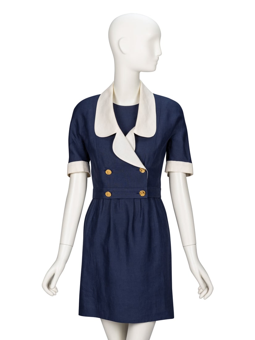 Chanel, Navy Linen Dress Suit: Chanel, Navy Linen Dress Suit JACKET Cropped jacket in navy linen with off-white linen trim. Rounded shawl collar & notched lapels. Padding at shoulders. Elbow-length incorporated sleeves with