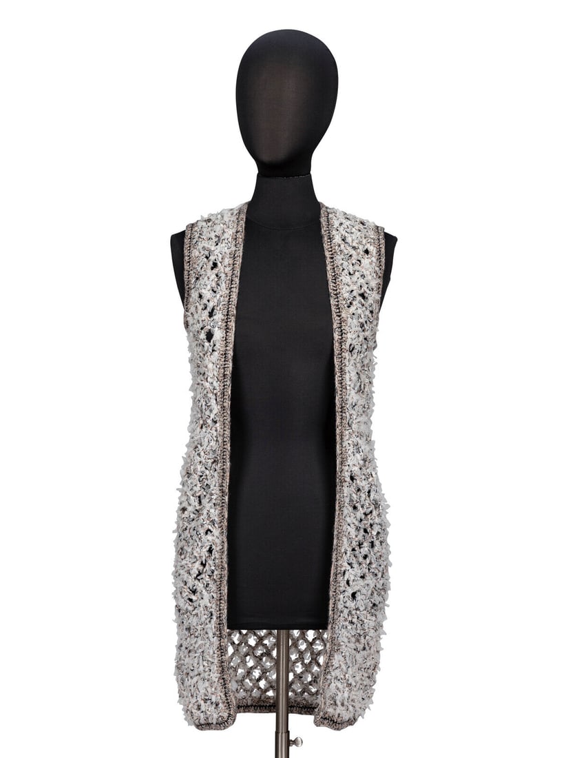 Chanel, Textured Open-Knit Sleeveless Duster: Chanel, Textured Open-Knit Sleeveless Duster Open-front sleeveless duster in white/multicolor cashmere-blend textured open knit. Crocheted trim at edges. Midi length; straight fit. No closures.