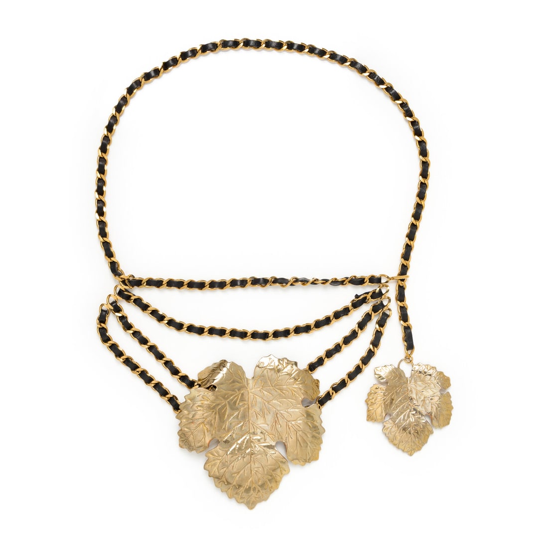 Chanel, Fig Leaf Chain Belt, S/S 1992: Chanel, Fig Leaf Chain Belt, S/S 1992 As seen throughout the runway in the Spring/Summer 1992 ready-to-wear collection by Karl Lagerfeld by Chanel. Draped layered-chain belt in gold-tone metal with