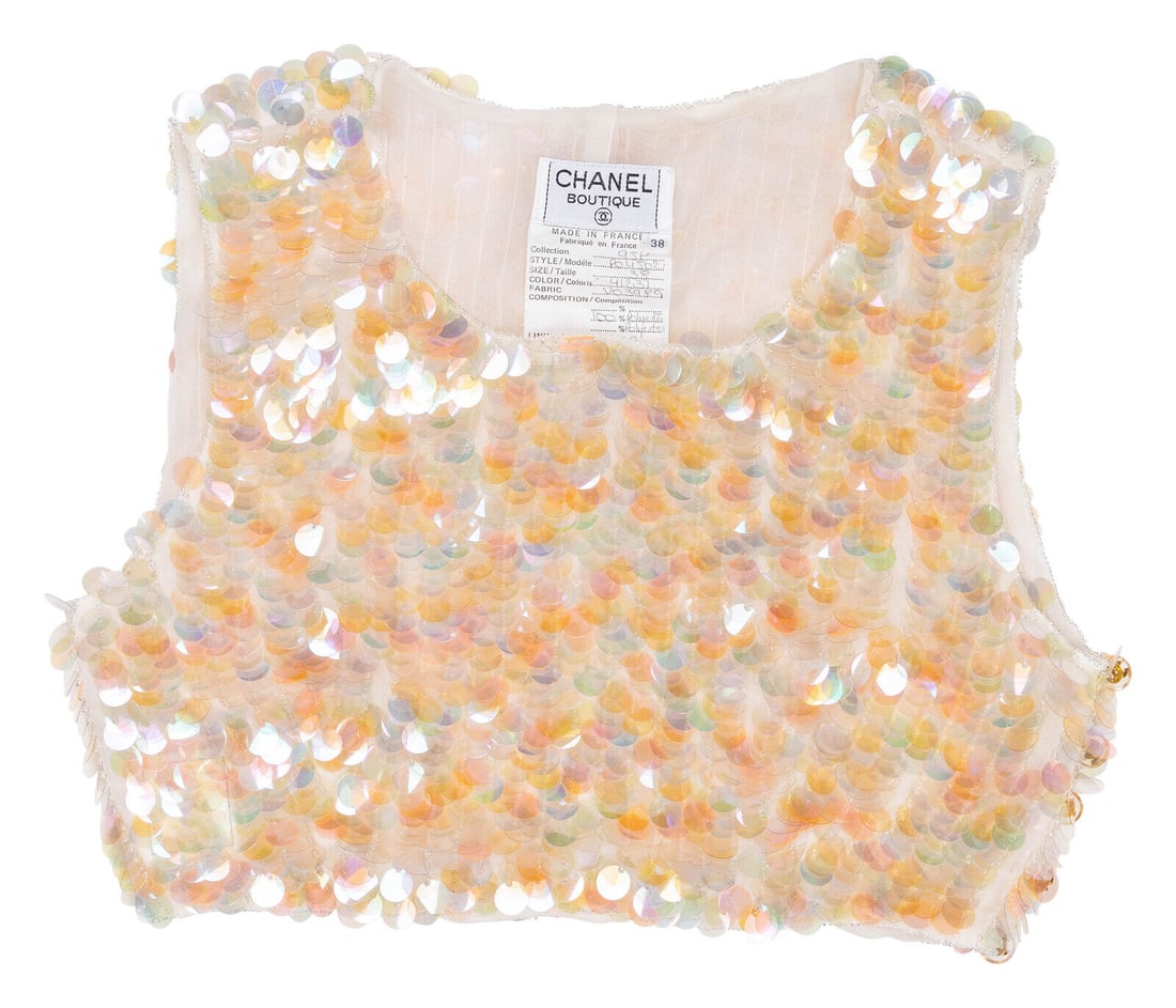 Chanel, Iridescent Sequined Crop Tank, S/S 1995 - "Barbie Collection": Chanel, Iridescent Sequined Crop Tank, S/S 1995 - "Barbie Collection" As seen in runway look #73 of the Spring/Summer 1995 ready-to-wear collection by Karl Lagerfeld for Chanel. High-cropped tank top
