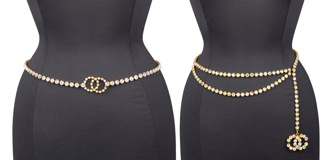 Chanel, Two Rhinestone Chain Belts, 1995: Chanel, Two Rhinestone Chain Belts, 1995 THE FIRST Chain belt in gold-tone metal with rhinestone settings. Hook closure with CC insignia buckle. Label: Chanel Date: F/W 1995 Country of Origin: France