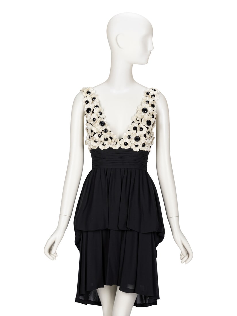 Chanel, Lesage-Sequined Floral Cocktail Dress: Chanel, Lesage-Sequined Floral Cocktail Dress Sleeveless cocktail dress in black silk chiffon. Features Lesage-embroidered three-dimensional flowers of iridescent white sequins & black button beads