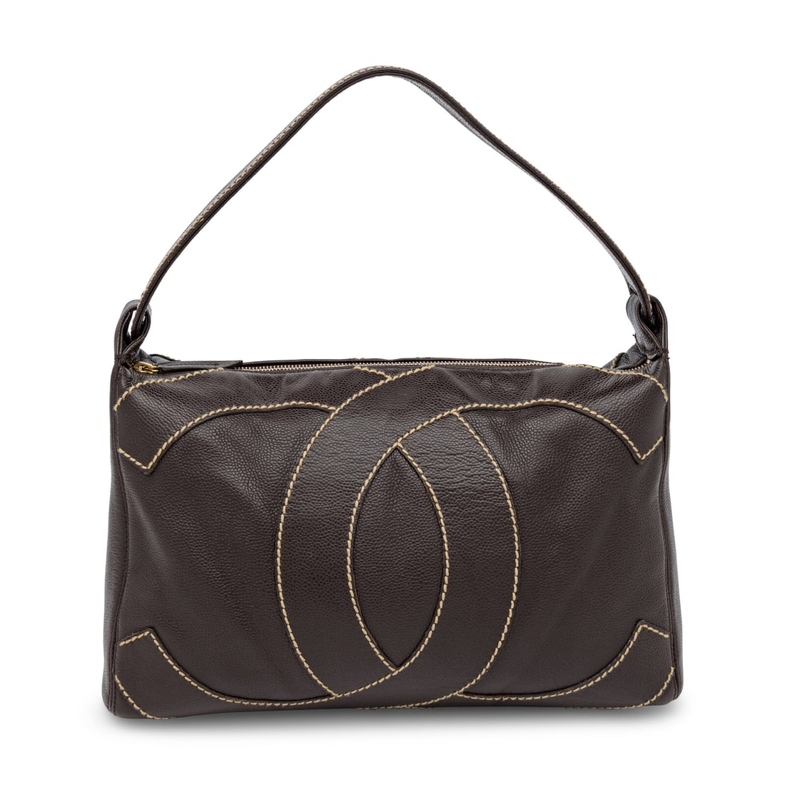 Chanel, Surpique CC Hobo Bag: Chanel, Surpique CC Hobo Bag Surpique CC hobo bag in deep brown caviar leather with brushed gold-tone hardware. Zipper closure and flat leather strap. Label: Chanel Style/Serial No.: 9024175 Date: 200