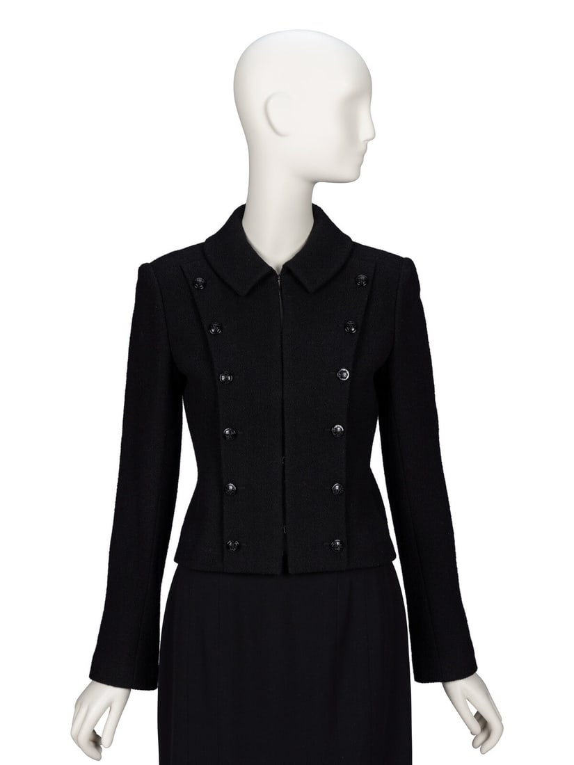 Chanel, Cropped Tweed Jacket: Chanel, Cropped Tweed Jacket Cropped jacket in black wool-blend bouclÈ tweed. Notched lapels. Light padding at shoulders. Full-length set-in sleeves with working button closures at cuffs. Two