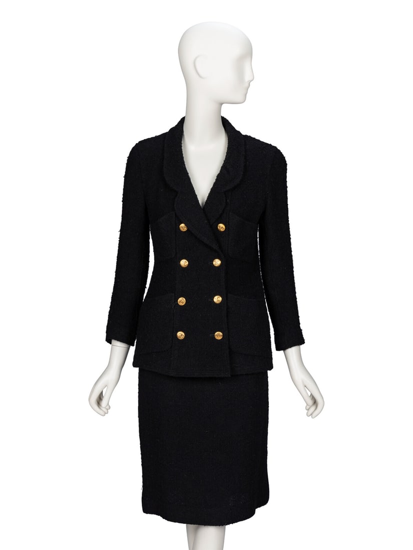 Chanel, Bouclé Tweed Skirt Suit: Chanel, Bouclé Tweed Skirt Suit JACKET Softly tailored jacket in textured black bouclé tweed. Rounded collar & notched lapels. Light padding at shoulders. Wrist-length sleeves with three working but