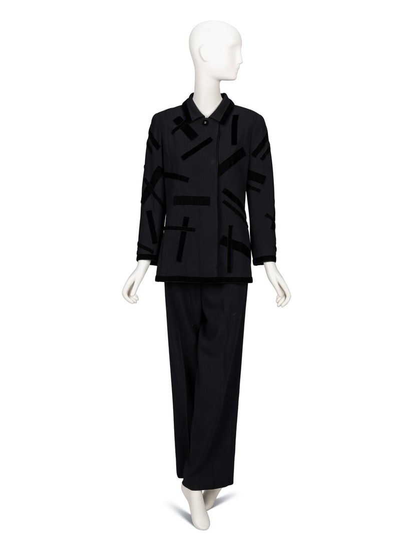 Chanel, Velvet-Trimmed Pantsuit: Chanel, Velvet-Trimmed Pantsuit JACKET Tailored boxy jacket in black wool crÍpe with black velvet appliquÈd strips & trim throughout. Spread collar. Light padding at shoulders. Wrist-length