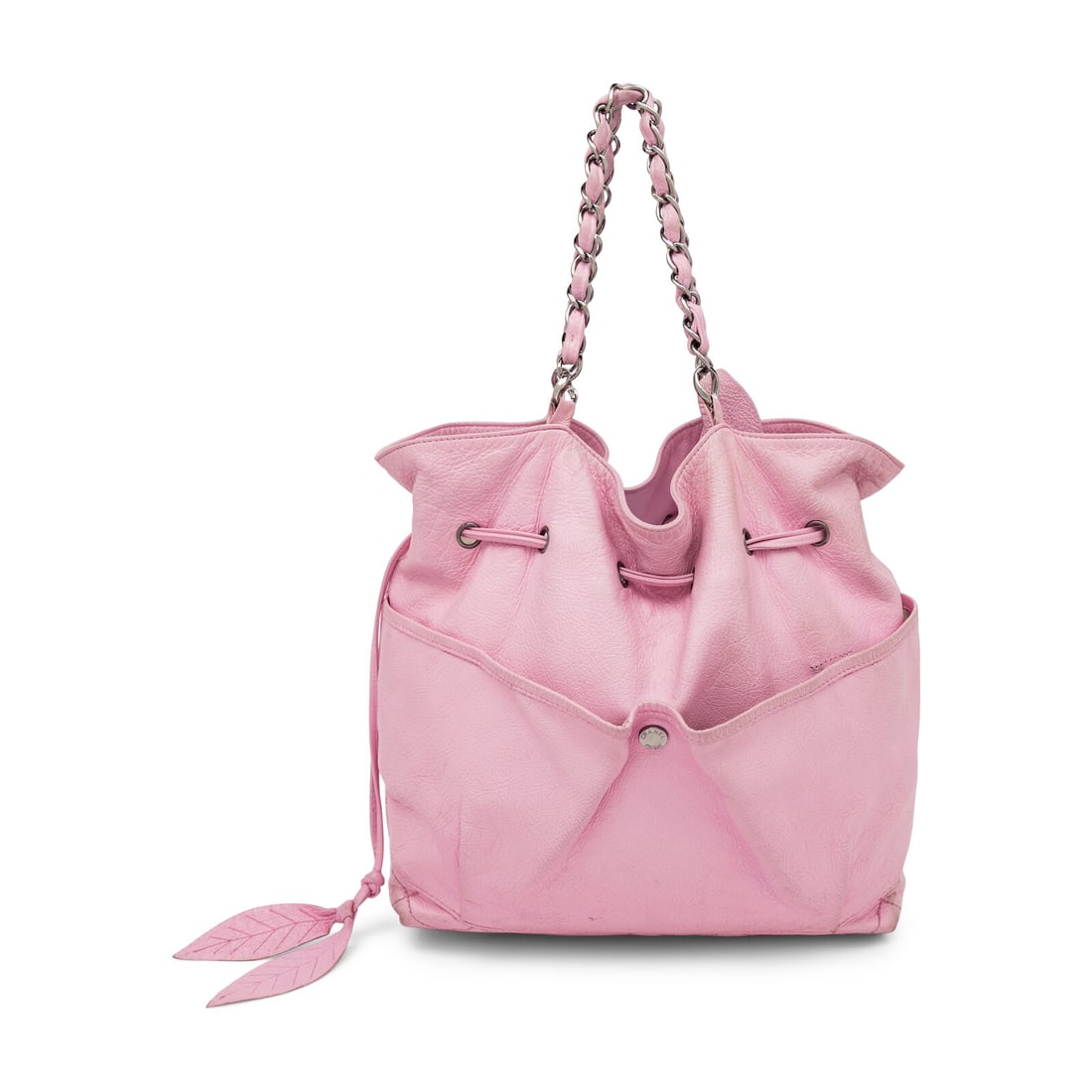 Chanel, Pink Leather Drawstring Tote: Chanel, Pink Leather Drawstring Tote Chanel large drawstring tote bag in glazed bubblegum pink leather with silver-tone hardware. Drawstring closure and interwoven leather-metal chain strap. Label: