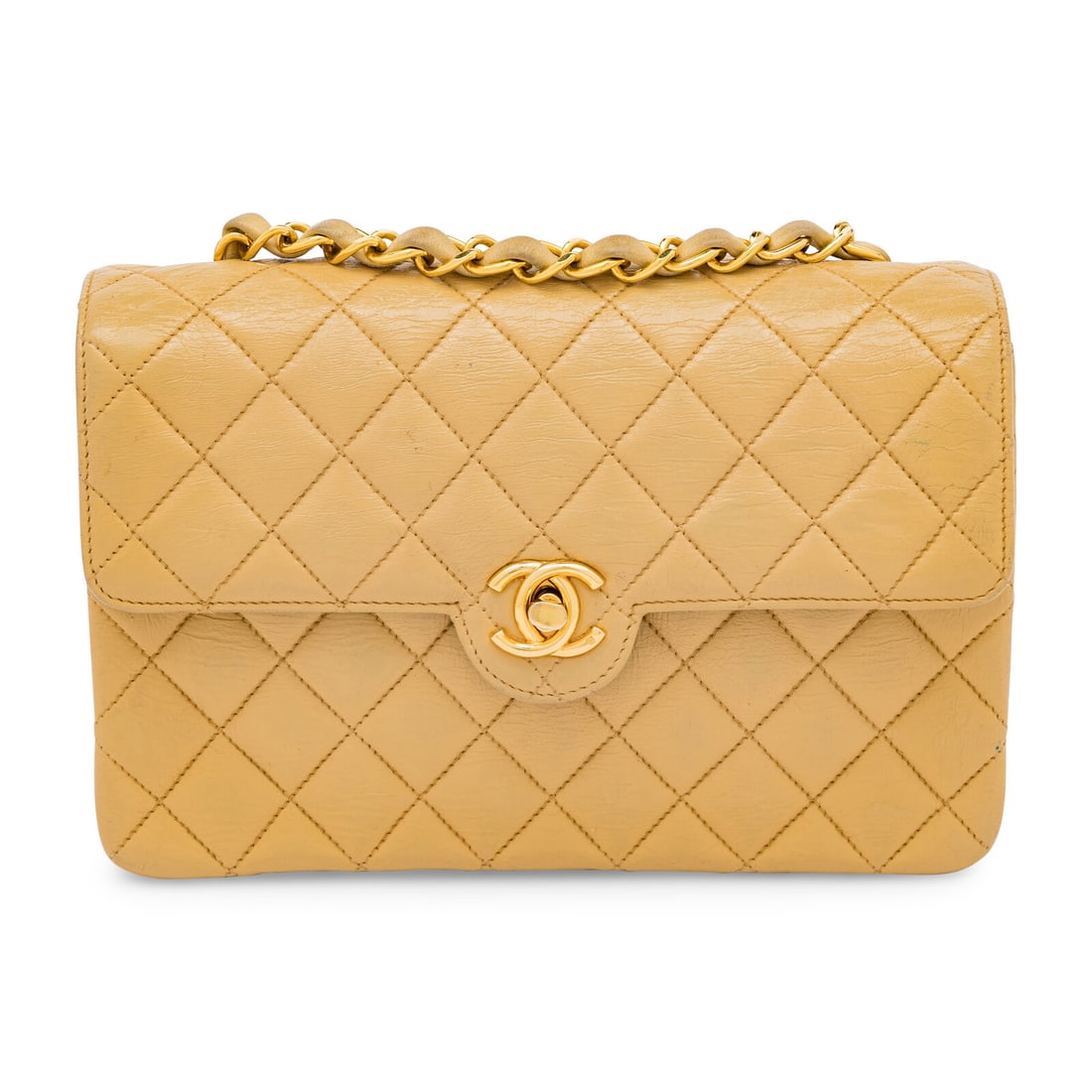 Chanel, Tan Mini Square Flap Bag: Chanel, Tan Mini Square Flap Bag Mini Square classic flap shoulder bag in tan quilted leather with 24k gold-plated hardware. CC turn-lock closure and interwoven metal-leather chain strap. Label: Chane