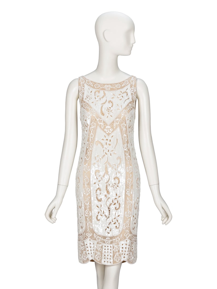 Valentino, Embellished Cocktail Dress: Valentino, Embellished Cocktail Dress Sleeveless cocktail dress in beige silk organza with all-over cream-colored sequin & bead embellishments. Wide round neckline. Scalloped hemline. Invisible zipper