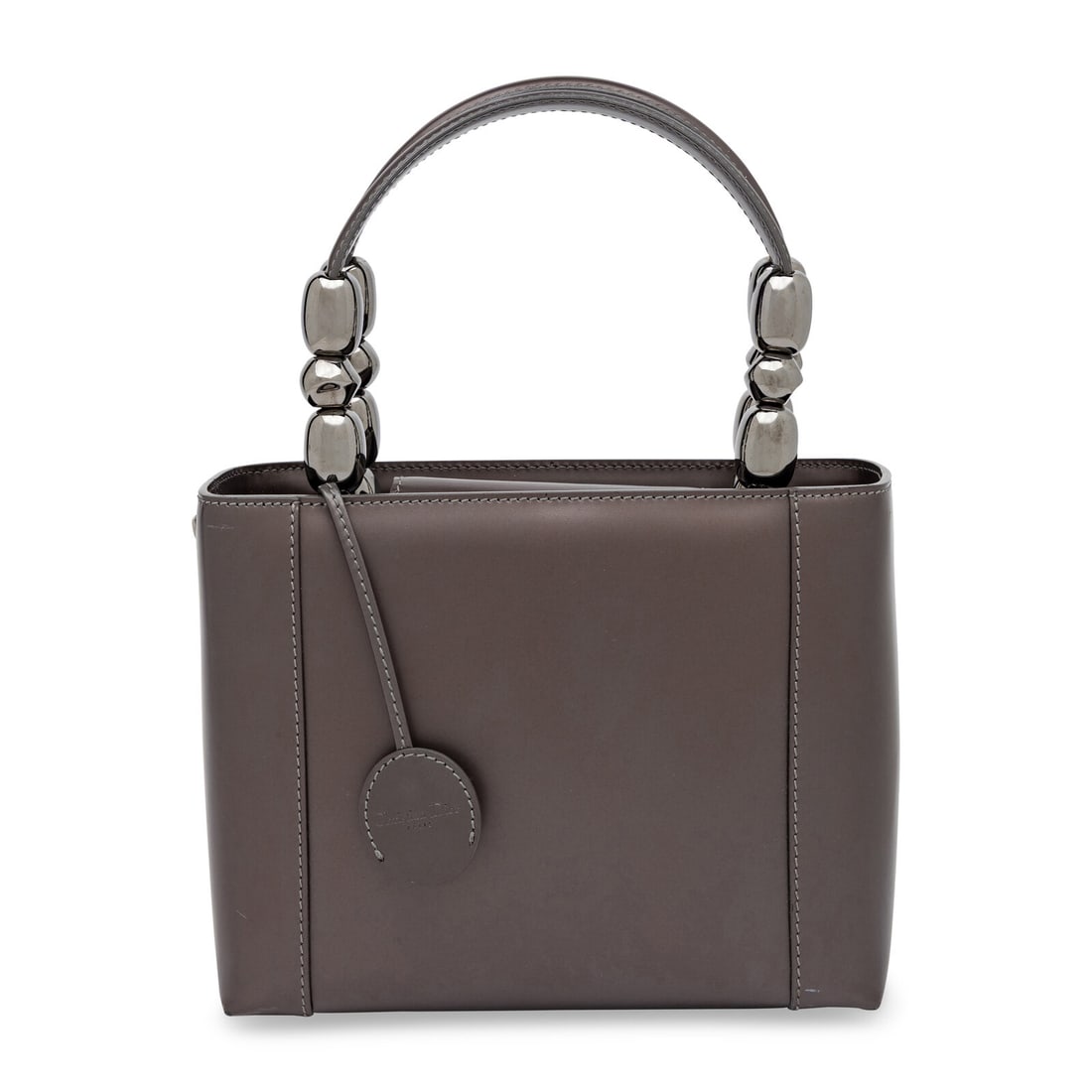 Christian Dior, Maris Pearl Bag in Patent Leather: Christian Dior, Maris Pearl Bag in Patent Leather Maris Pearl bag in grey-brown patent leather with silver-tone hardware. Magnetic snap closure and flat leather handles. Label: Christian Dior