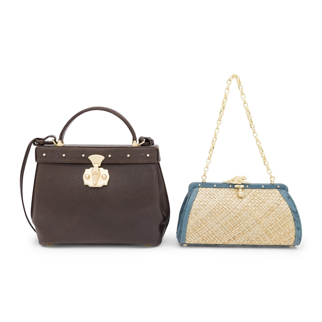 Barry Kieselstein-Cord, Two Handbags: Barry Kieselstein-Cord, Two Handbags THE FIRST Handbag in dark brown leather. Alligator push-lock clasp closure, flat leather handle, and flat leather strap. Label: Barry Kieselstein-Cord Date: 1990's